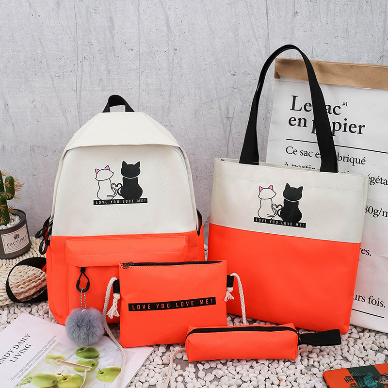 5-Piece Backpack and Tote Bag Set with Cat Design