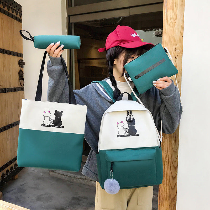 5-Piece Backpack and Tote Bag Set with Cat Design