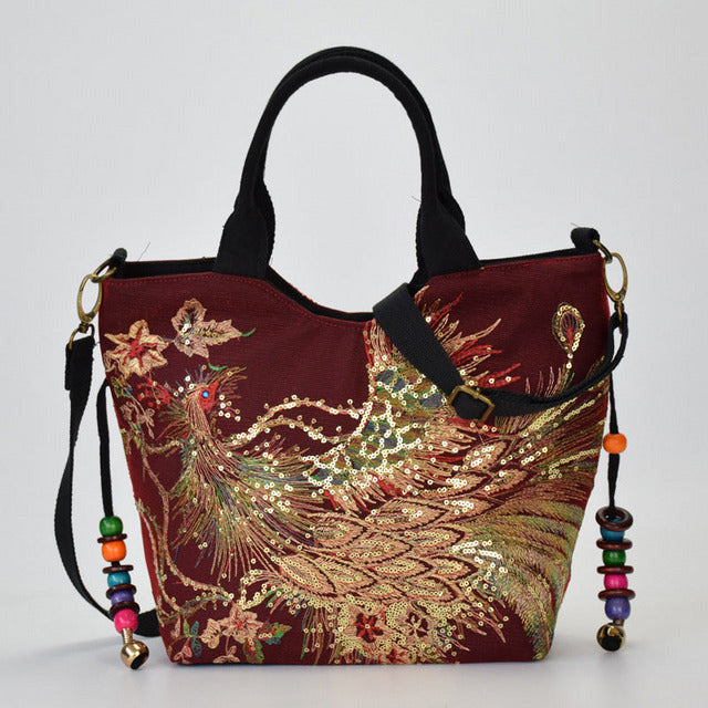 Bag with Peacock Embroidery-Calm Wears-Burgundy-Calm Wears