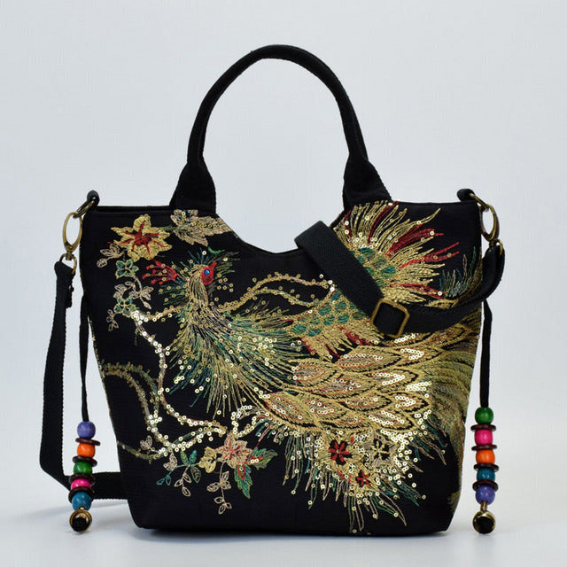 Bag with Peacock Embroidery-Calm Wears-Black-Calm Wears
