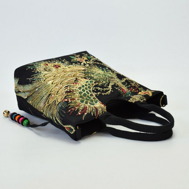 Bag with Peacock Embroidery-Calm Wears-Black-Calm Wears