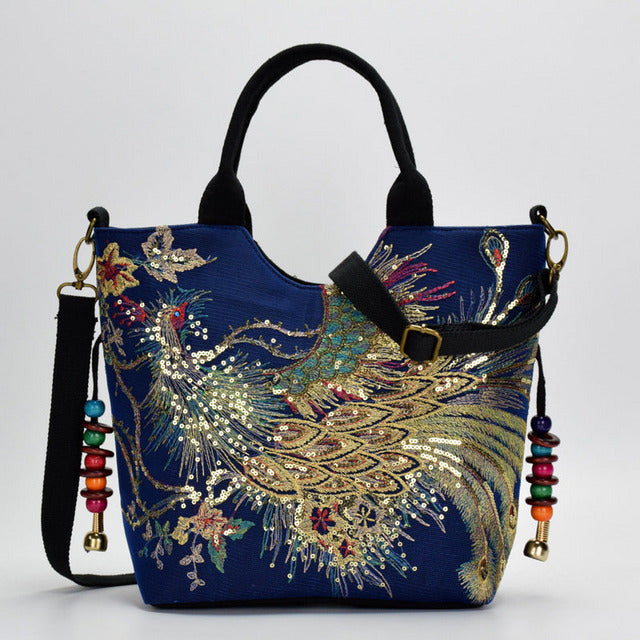 Bag with Peacock Embroidery-Calm Wears-Dark blue-Calm Wears