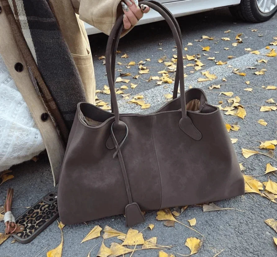 Large suede shoulder bag, women's work tote bag with binding detail-mayfair ellis20260422-Calm Wears-Black-Calm Wears