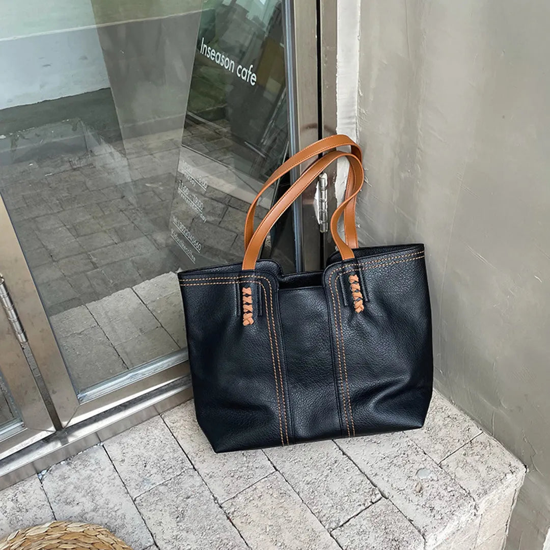 Large vegan leather tote bag, work shoulder bag-mayfair ellis20260422-Calm Wears-Beige-Calm Wears