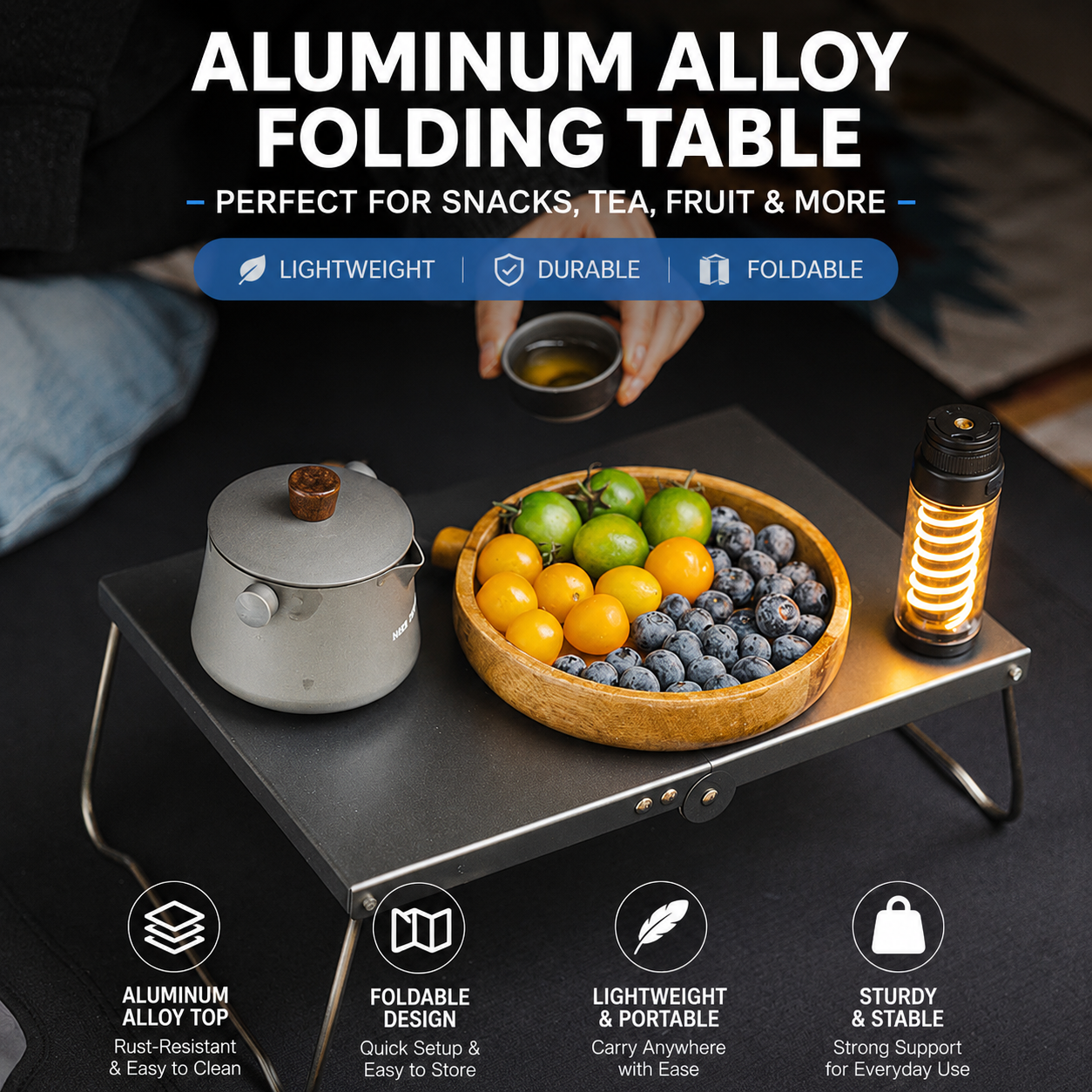 Portable folding aluminum camping table with low-profile collapsible legs