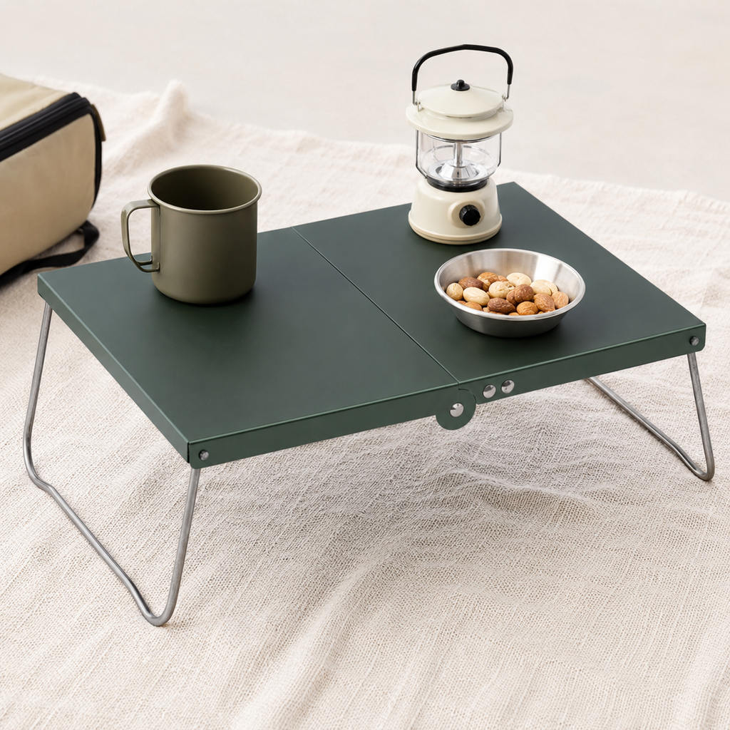 Portable folding aluminum camping table with low-profile collapsible legs