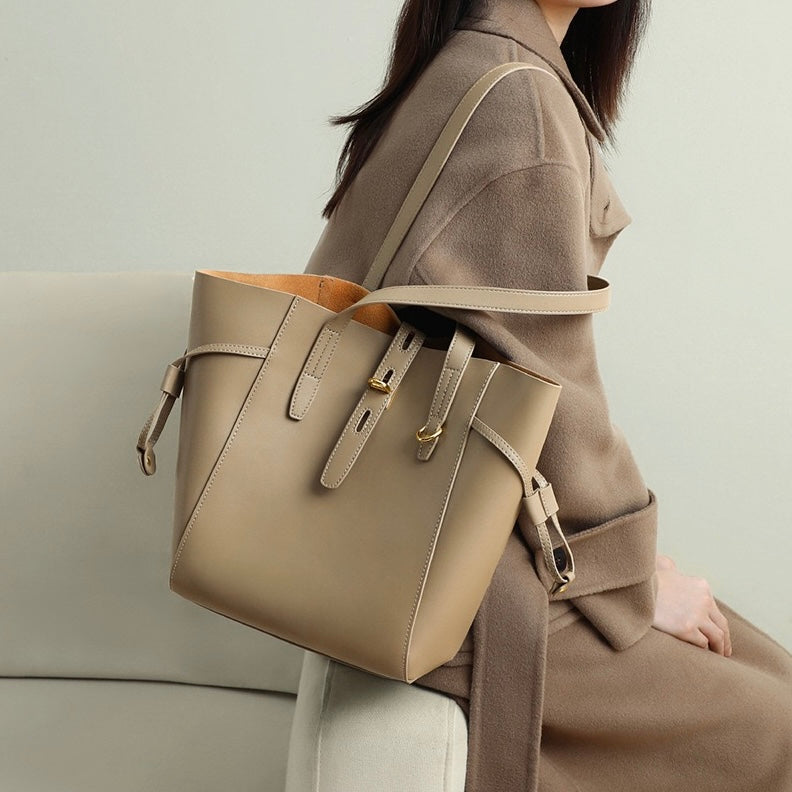 Women's Leather Tote Bag with Vintage Lock Buckle Detail-mayfair ellis20260422-Calm Wears-Beige-Calm Wears