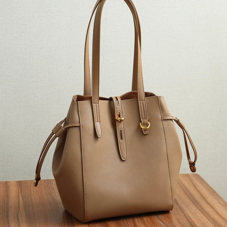 Women's Leather Tote Bag with Vintage Lock Buckle Detail-mayfair ellis20260422-Calm Wears-Khaki-Calm Wears