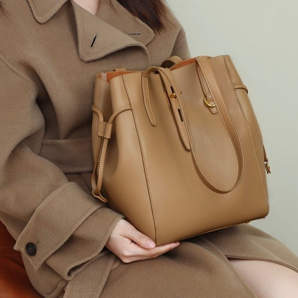 Women's Leather Tote Bag with Vintage Lock Buckle Detail-mayfair ellis20260422-Calm Wears-Khaki-Calm Wears