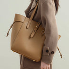 Women's Leather Tote Bag with Vintage Lock Buckle Detail-mayfair ellis20260422-Calm Wears-Khaki-Calm Wears
