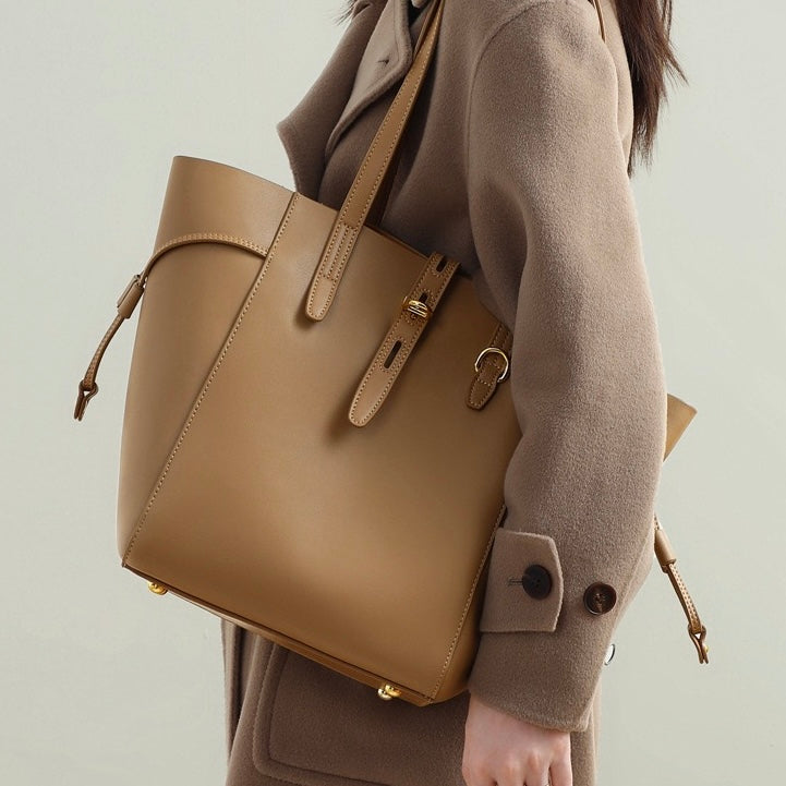 Women's Leather Tote Bag with Vintage Lock Buckle Detail-mayfair ellis20260422-Calm Wears-Khaki-Calm Wears