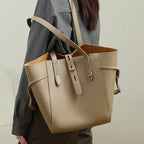 Women's Leather Tote Bag with Vintage Lock Buckle Detail-mayfair ellis20260422-Calm Wears-Khaki-Calm Wears