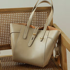Women's Leather Tote Bag with Vintage Lock Buckle Detail-mayfair ellis20260422-Calm Wears-Khaki-Calm Wears
