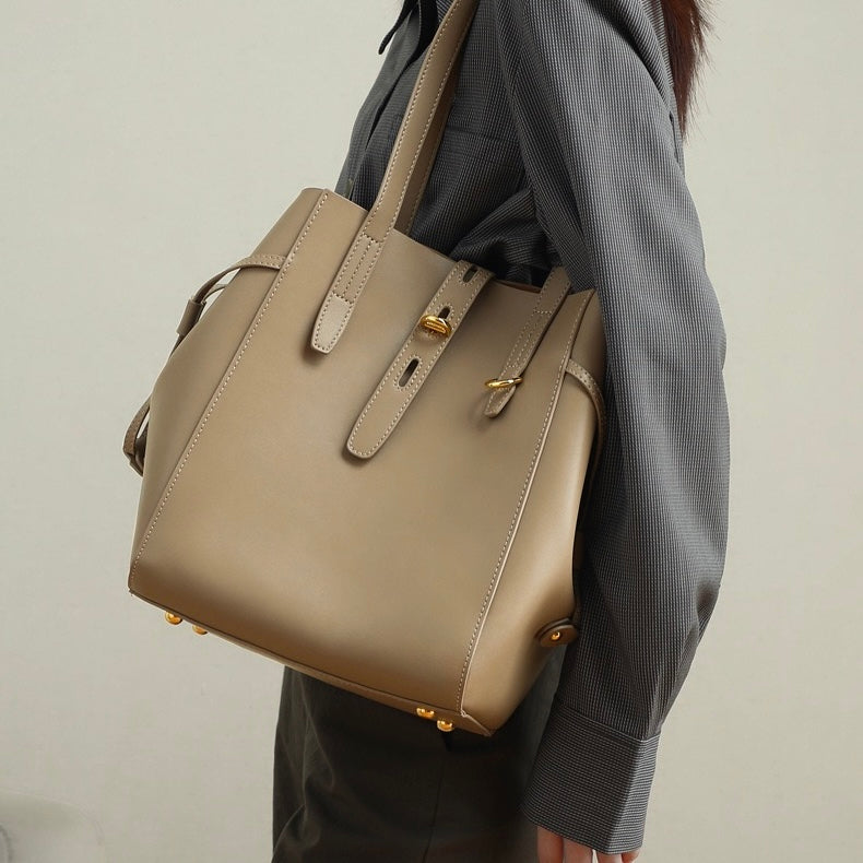 Women's Leather Tote Bag with Vintage Lock Buckle Detail-mayfair ellis20260422-Calm Wears-Khaki-Calm Wears