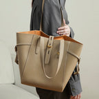 Women's Leather Tote Bag with Vintage Lock Buckle Detail-mayfair ellis20260422-Calm Wears-Khaki-Calm Wears