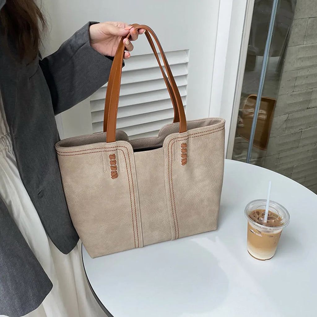 Large vegan leather tote bag, work shoulder bag-mayfair ellis20260422-Calm Wears-Beige-Calm Wears