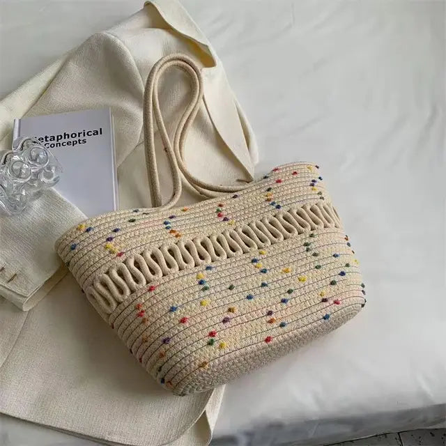Women's shoulder bag with large capacity handcrafted from knit kit fabric and straw-trendvilla20240423-Calm Wears-Beige 1-Calm Wears