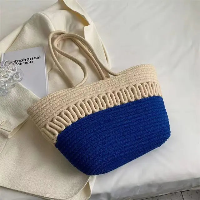 Women's shoulder bag with large capacity handcrafted from knit kit fabric and straw-trendvilla20240423-Calm Wears-Blue-Calm Wears