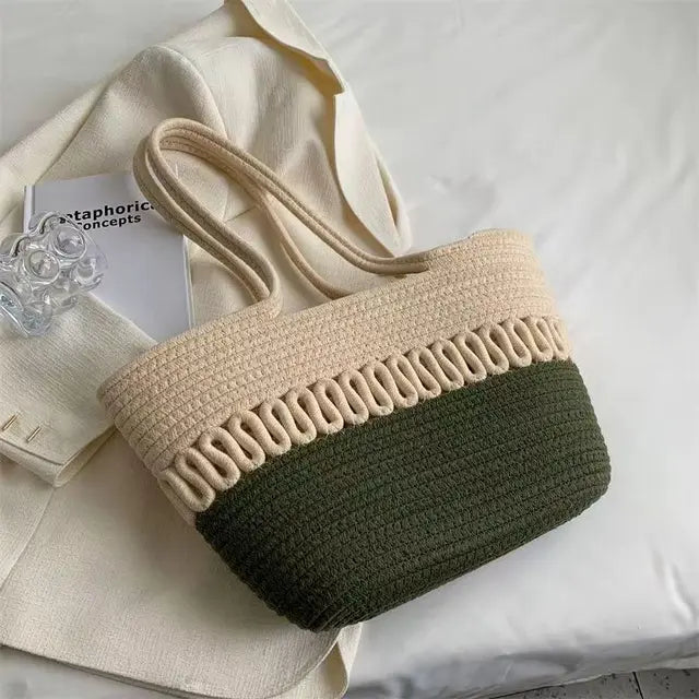 Women's shoulder bag with large capacity handcrafted from knit kit fabric and straw-trendvilla20240423-Calm Wears-Green-Calm Wears