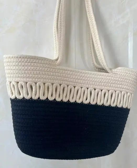 Women's shoulder bag with large capacity handcrafted from knit kit fabric and straw-trendvilla20240423-Calm Wears-Black-Calm Wears