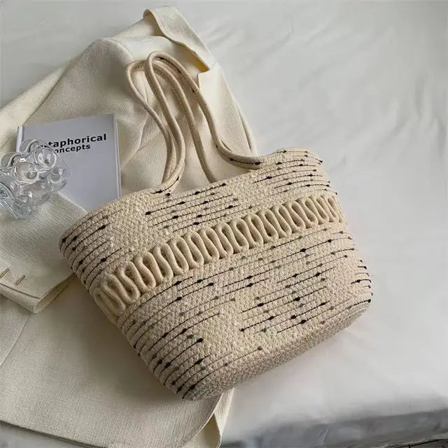Women's shoulder bag with large capacity handcrafted from knit kit fabric and straw-trendvilla20240423-Calm Wears-Beige 2-Calm Wears