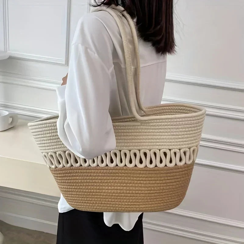 Women's shoulder bag with large capacity handcrafted from knit kit fabric and straw