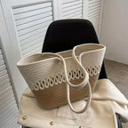 Women's shoulder bag with large capacity handcrafted from knit kit fabric and straw