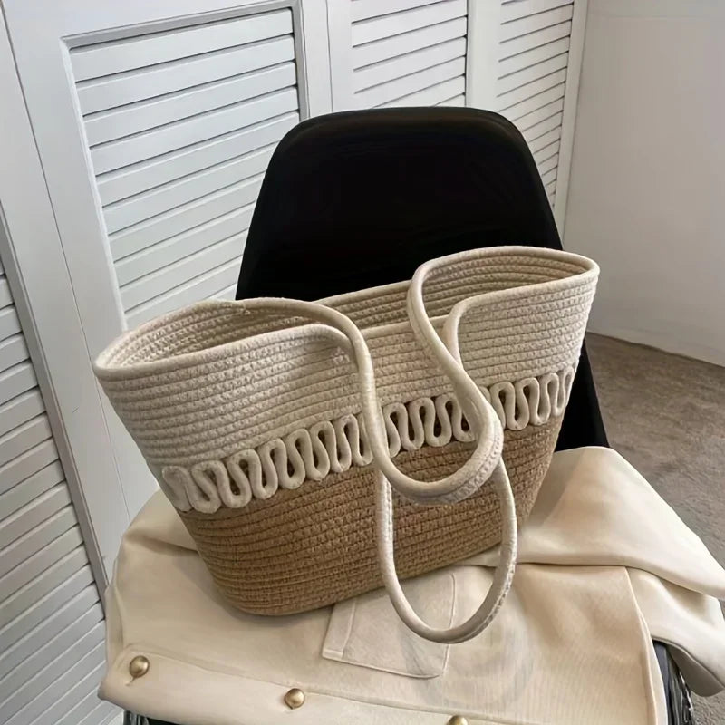 Women's shoulder bag with large capacity handcrafted from knit kit fabric and straw