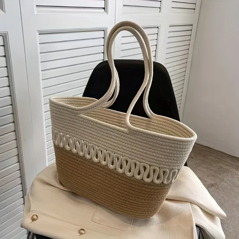Women's shoulder bag with large capacity handcrafted from knit kit fabric and straw