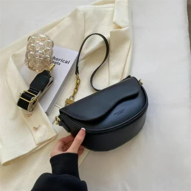 Women's shoulder bag made of PU leather with wide strap-trendvilla20240423-Calm Wears-Black-Calm Wears