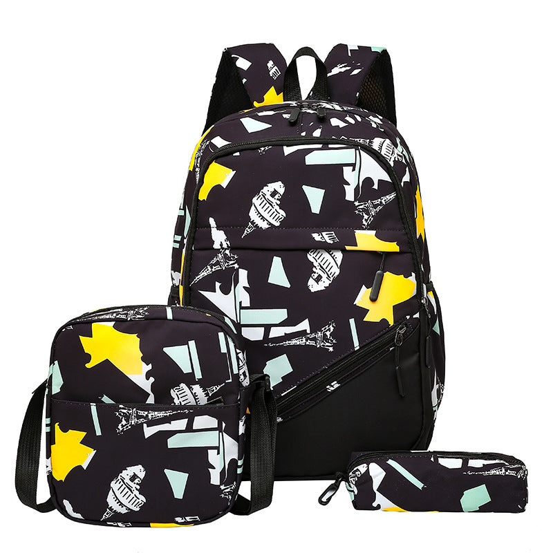 School backpack with multiple compartments and matching accessories