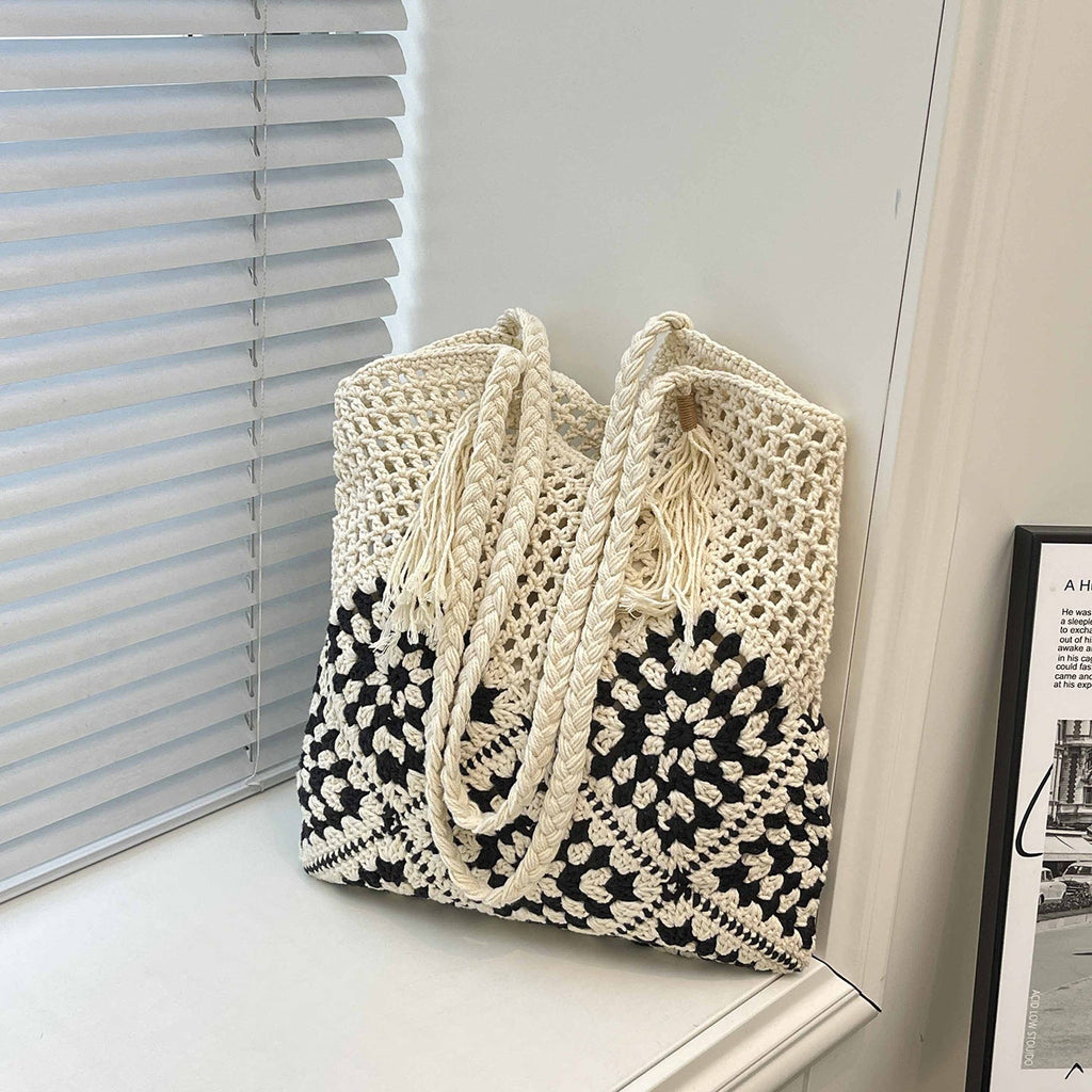 Ladies crocheted shoulder bag with playful sunflower appliqués-https://detail.1688.com/offer/1025216319018.html-Calm Wears-Khaki-nothing-Calm Wears