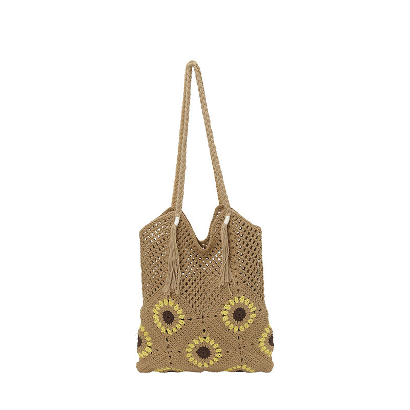 Ladies crocheted shoulder bag with playful sunflower appliqués-https://detail.1688.com/offer/1025216319018.html-Calm Wears-Khaki-nothing-Calm Wears