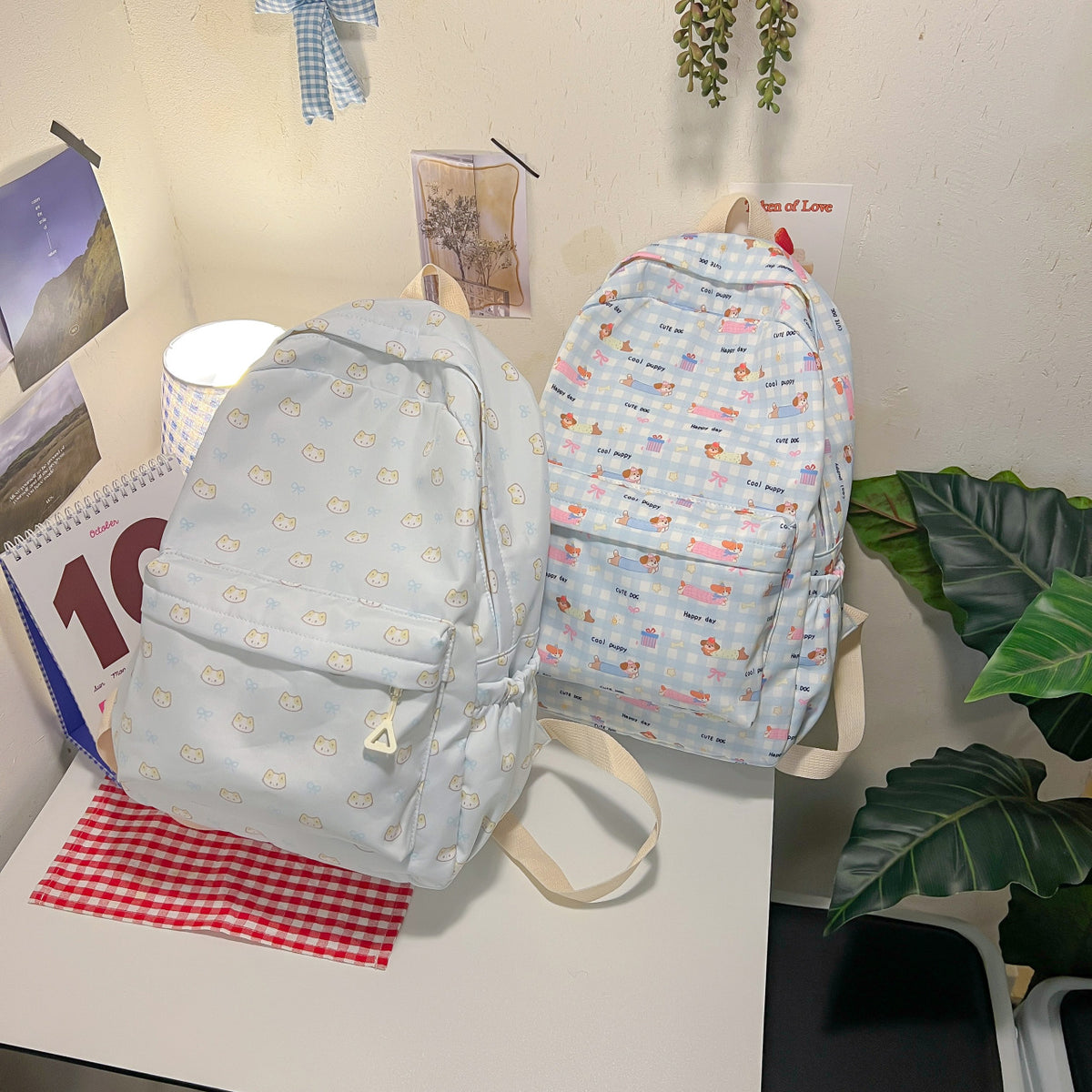 Cute backpack with embroidered cat motif