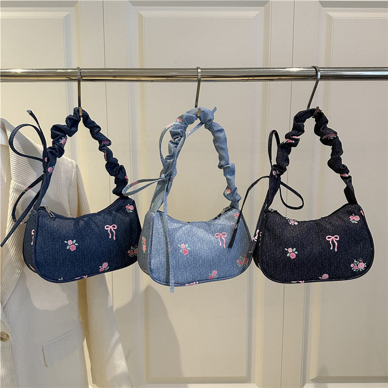 Embroidered Denim Shoulder Bag
