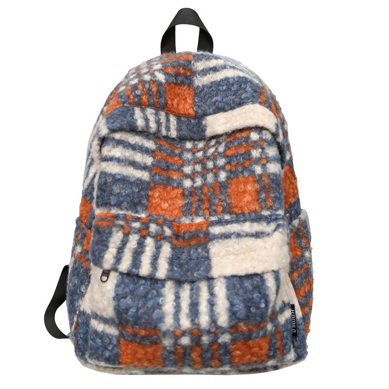 Cozy Fleece Checkered School Backpack-https://detail.1688.com/offer/855665940658.html-Calm Wears-Blue Orange-Calm Wears