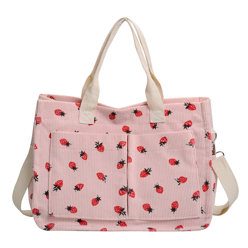 Stylish Multi-Pocket Strawberry Print Canvas Tote Bag
