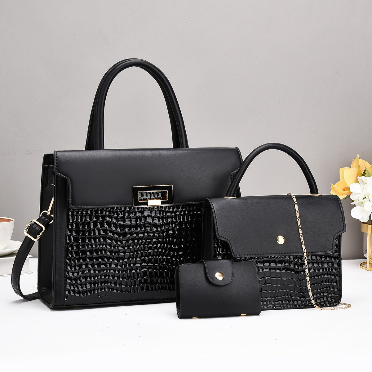 Ladies handbag set with luxurious crocodile leather look and removable clutch-https://detail.1688.com/offer/855100566326.html-Calm Wears-Black-30-Calm Wears