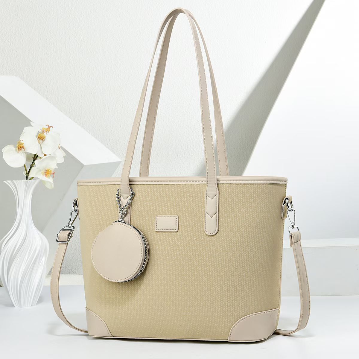 Women elegant tote handbag with textured design and detachable wallet-https://detail.1688.com/offer/999817972435.html-Calm Wears-Beige-301225-Calm Wears