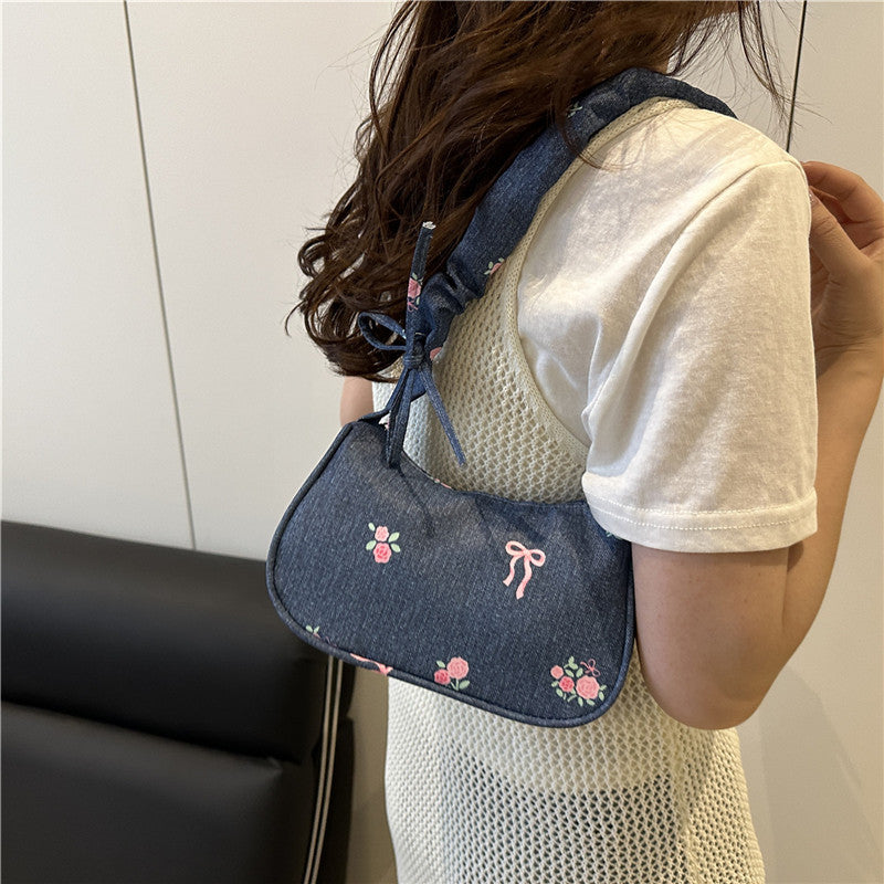Embroidered Denim Shoulder Bag