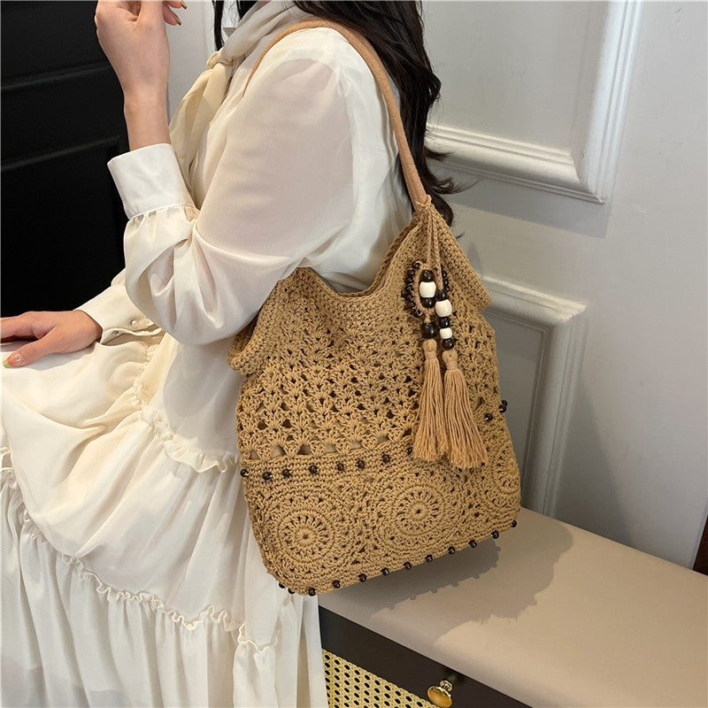 Ladies crocheted shoulder bag with decorative fringes and unique accents-https://detail.1688.com/offer/1016463857877.html-Calm Wears-Khaki-nothing-Calm Wears