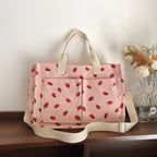 Stylish Multi-Pocket Strawberry Print Canvas Tote Bag