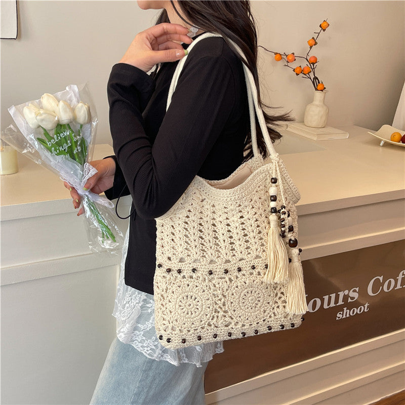 Ladies crocheted shoulder bag with decorative fringes and unique accents-https://detail.1688.com/offer/1016463857877.html-Calm Wears-Khaki-nothing-Calm Wears