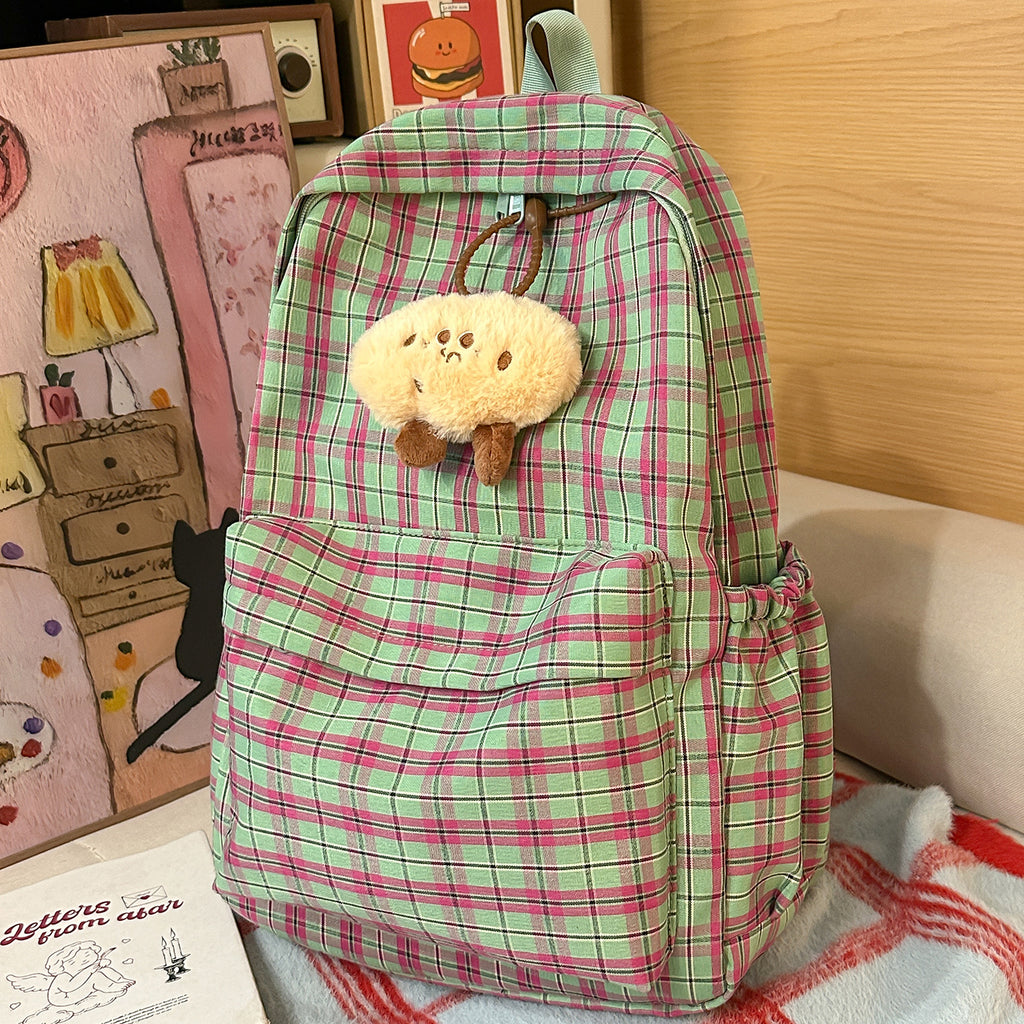 Backpack with Practical Check Pattern and Cute Plush Pendant