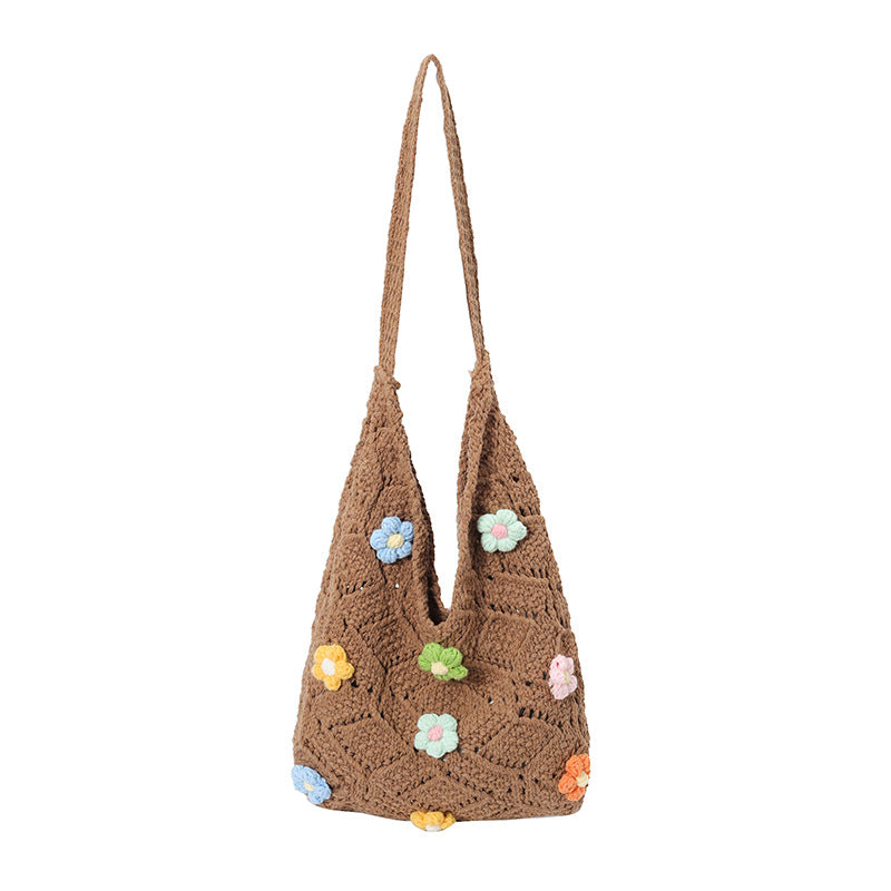 Floral Embellished Crochet Shoulder Bag