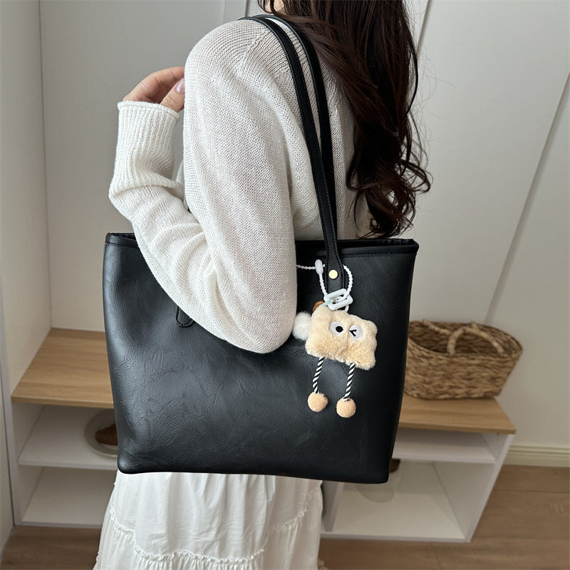 Women's classic tote bag with charming plush toy pendant-https://detail.1688.com/offer/1049019114052.html-Calm Wears-Coffee-Size: Without pendant-Calm Wears