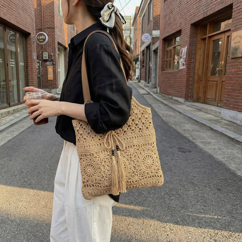 Ladies' crochet shoulder bag with playful fringes and decorative details-https://detail.1688.com/offer/1029609355004.html-Calm Wears-Khaki-nothing-Calm Wears