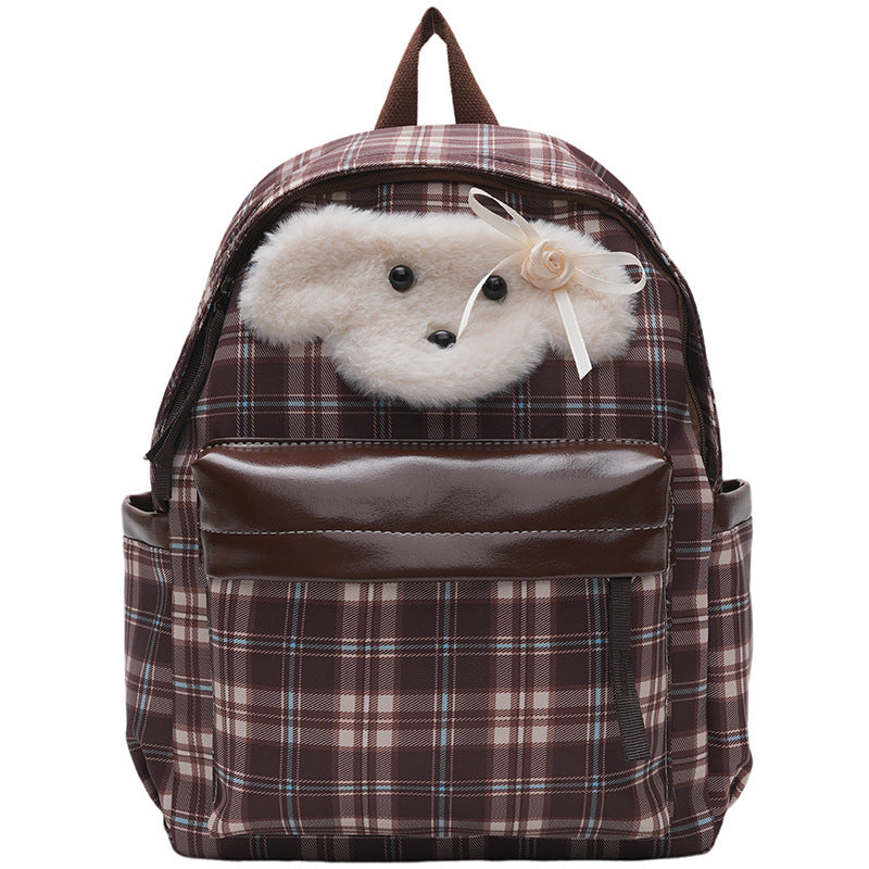 Plush backpack with unique checkered pattern and casual animal motif