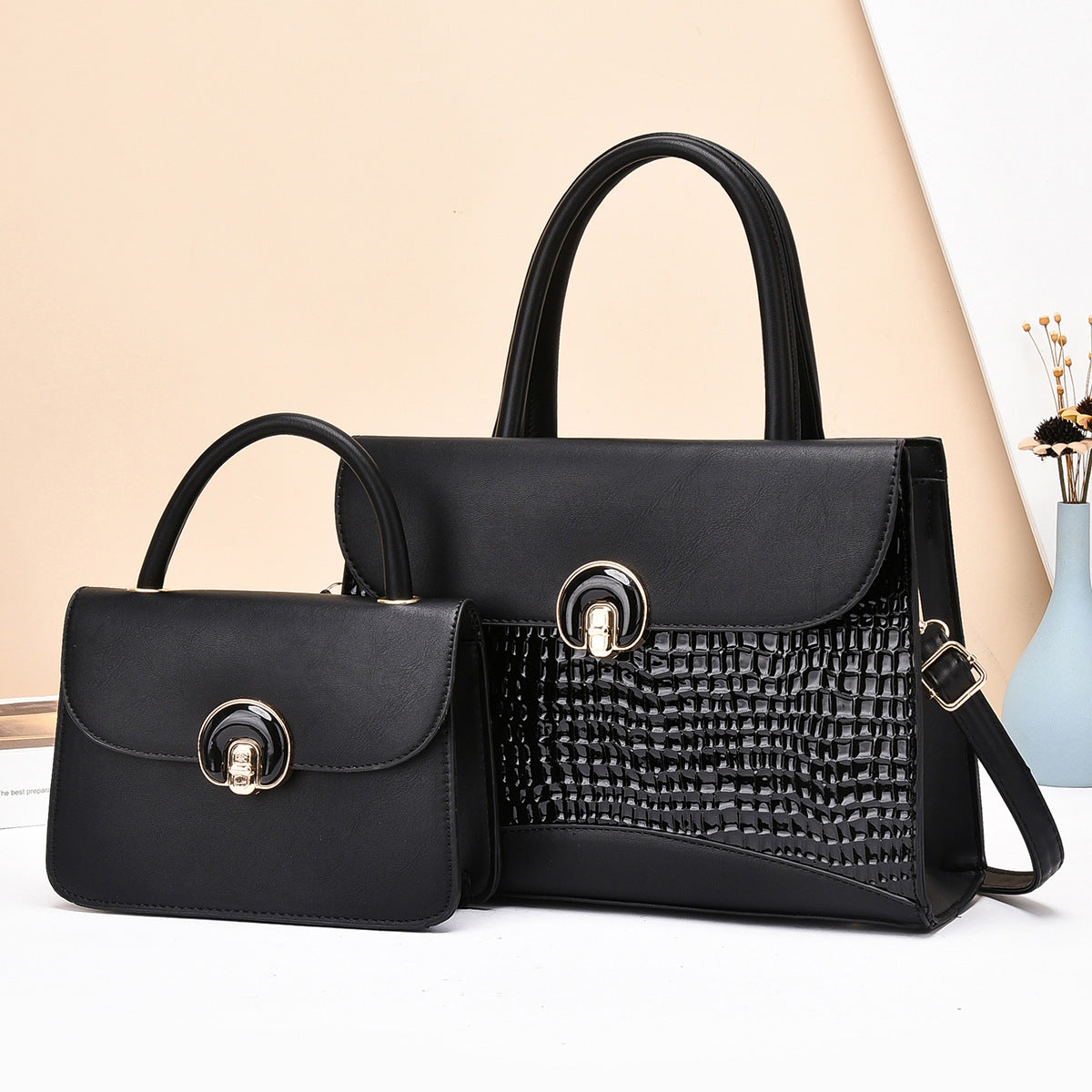 Women's Handbag Set with Luxurious Crocodile Leather Design-https://detail.1688.com/offer/851779627755.html-Calm Wears-Black-301121-Calm Wears