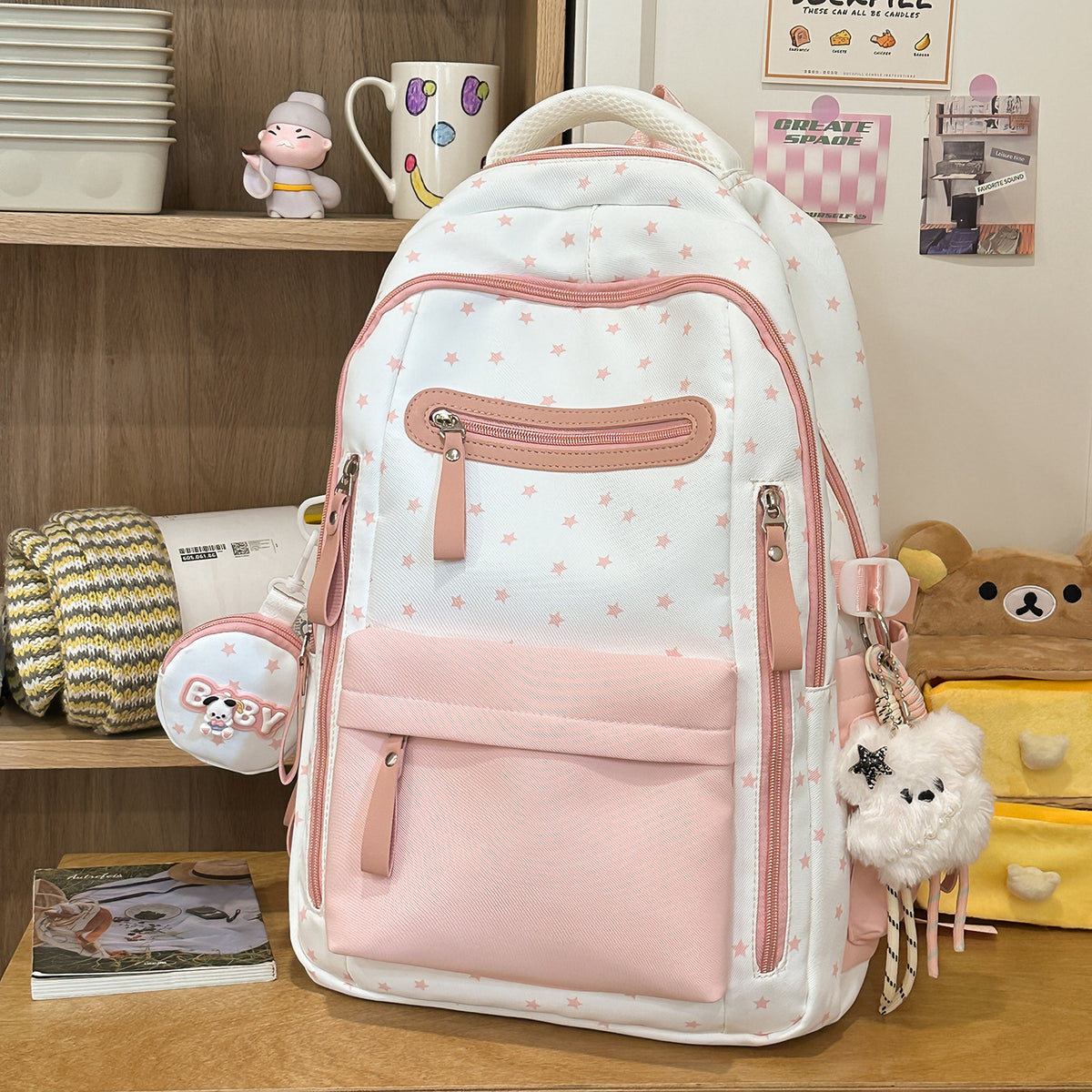 Backpack with Charming Star Applications and Practical Compartments